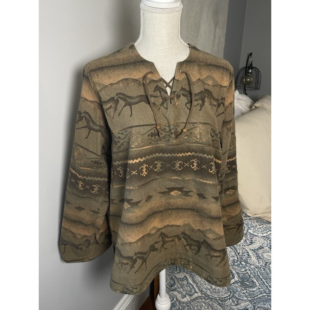 Cabelas Horse Aztec Lace Up Flannel Womens Size L Western Southwest Pullover - Picture 3 of 10